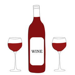 Red wine in a bottle and two glasses with wine .vector illustration in doodle style.