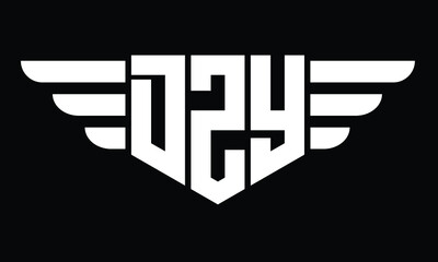 DZY three letter logo, creative wings shape logo design vector template. letter mark, wordmark, monogram symbol on black & white.