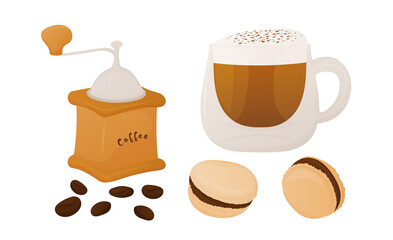 Manual Coffee Mill Grinder with Beans Macarons and Cup