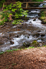 wooden bridge over the brook. beautiful nature scenery in the forest of natural park. water flows among the rocks on a warm summer day. path to waterfall shypit in ukrainian carpathians