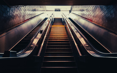 The escalators view from below of subway station in the Upper East Side Historic District of New York City. Cinematic style. 