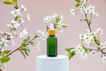 bottle with an essential oil pipette on a white podium, and branches of cherry blossoms on a beige...