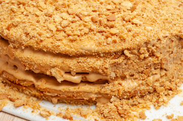 Cutaway chocolate sponge cake. Cake with cream cheese and dark chocolate. Dessert stuffed with caramel and salted peanuts.Copy space for text.