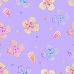 Fototapeta na wymiar Floral hand drawn watercolor seamless pattern. Yellow pink and lilac flowers on a purple background. Delicate feminine background. Small flowering field buds. Childish girly print and wallpaper. 