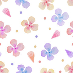 Floral hand drawn watercolor seamless pattern. Yellow pink and lilac flowers on a white background. Delicate feminine background. Small flowering field buds. Childish girly print and wallpaper.	