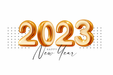 Happy new 2023 Year! 3D gold text with reflections