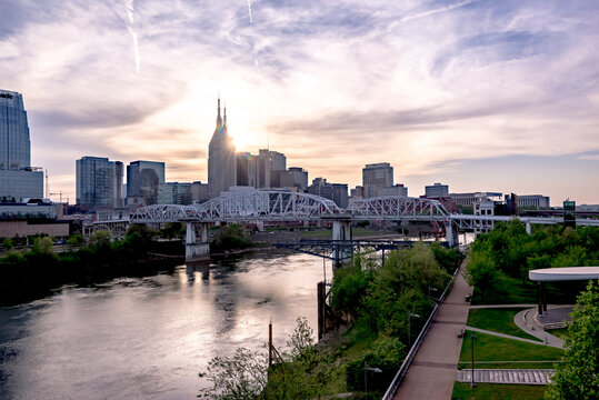 Nashville tennessee city skyline at sunset on the waterfrom