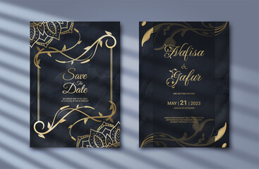 Luxury floral wedding invitation design. Gold and black invitation template with vintage baroque ornament