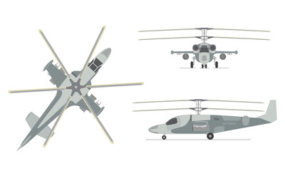 Military attack helicopter  top, side and front view. Isolated on white background. Vector illustration.