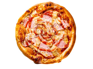 fast food. Hawaiian pizza with pineapple, ham, chicken, cheese, and vegetables