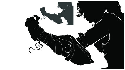 A silhouette of a beautiful girl martial artist, she stands in a combat stance in profile with her arm outstretched in a heavy brass knuckles, making an energetic gesture.  2d art.