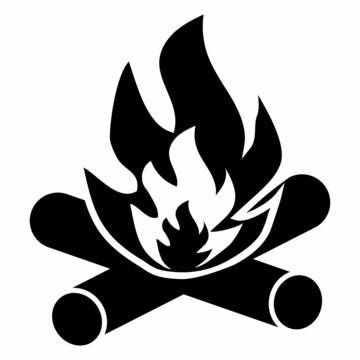 Vector black and white cartoon illustration of a burning fire with firewood. Firewood and bonfire icon isolated on white, vector
