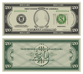 Twenty dollars banknote. Gray obverse and green reverse fictional US paper money in style of vintage american cash. Frame with guilloche mesh and bank seals. Jackson