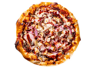 Pizza with Mozzarella cheese, ham, tomato sauce, onion, pepper, chicken meat