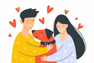 Happy couple guy and girl hug their pet cute dog