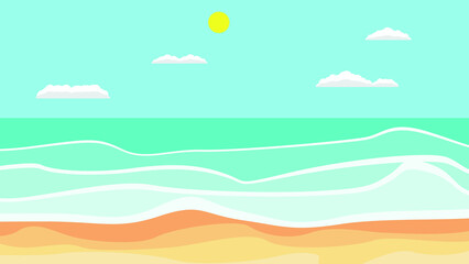 Fototapeta na wymiar Waves and sandy beach. Clouds over sea . Summit and sunset logo .Vector