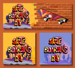 Skateboard poster. Skateboarding day. Modern style. Street banner or postcard in trendy style for youth people