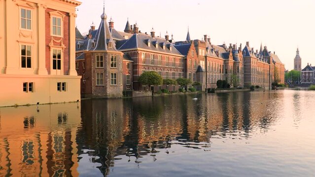 The Hague, Netherlands. 4k footage Binnenhof castle (Dutch Parliament) in downtown Hague at sunset.