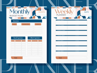 Minimalist Financial planner monthly,weekly,budget. Vintage planner, templates collection set of vector A4 and US Letter Ai, RGB/CMYK	