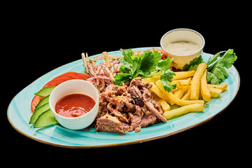 Beef shawarma open with French fries is laid out on a plate on an isolated black background