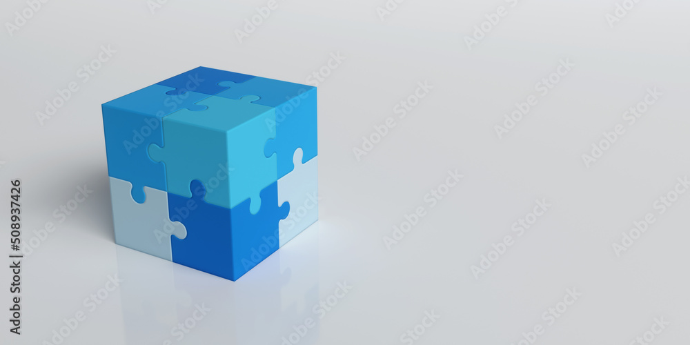 Poster 3d rendering of a cube made of puzzle pieces