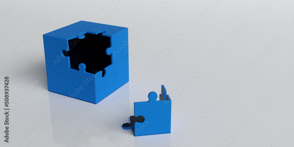 Poster 3d rendering of a cube made of puzzle pieces
