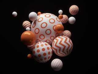 3d render. Abstract colorful geometric background. White and orange balls, balloons on black. Minimalistic design, pastel colors palette. Party decoration, plastic toys, isolated elements