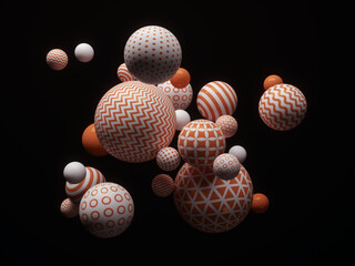 3d render. Abstract colorful geometric background. White and orange balls, balloons on black. Minimalistic design, pastel colors palette. Party decoration, plastic toys, isolated elements
