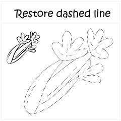Celery. Repair the dotted line. Handwriting practice. Vegetables in contours. Educational game for toddlers and preschoolers. Cartoon style. Isolated vector illustration, eps
