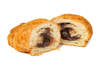 French croissant with chocolate isolated on the white background