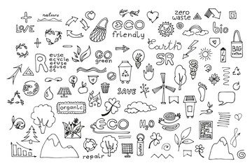 Zero waste lifestyle hand drawn set. vector doodle illustration. Collection of eco and natural elements. Go green concept. Isolated objects