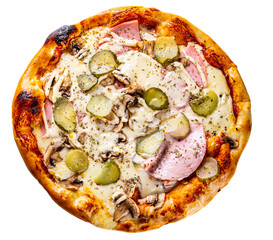 pizza with Mozzarella cheese, ham, tomato sauce, pepper, pickled cucumbers and mushrooms. Italian pizza