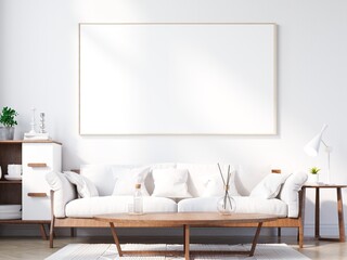 mock up poster frame in modern interior wood floor concrete wall background, Scandinavian style, Loft style, 3D render, 3D illustration