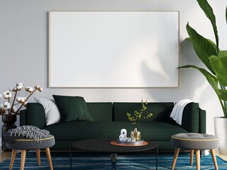 mock up poster frame in modern interior wood floor concrete wall background, Scandinavian style, Loft style, 3D render, 3D illustration