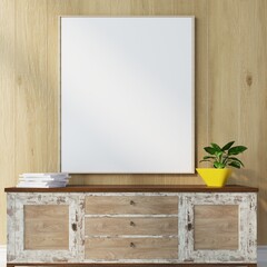 mock up poster frame in modern interior wood floor concrete wall background, Scandinavian style, Loft style, 3D render, 3D illustration