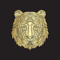 Tiger head. Vector golden icon in doodle style isolated  on a black background.