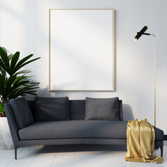 mock up poster frame in modern interior wood floor concrete wall background, Scandinavian style,...