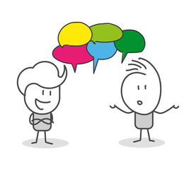 Stick figures. People with speech bubbles. Cartoon style. Social networks, news, social networks, chat, dialogue speech bubbles.