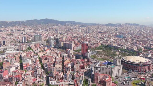 Barcelona, Spain: Aerial view of capital city of Catalonia, famous square Plaza Espa&ntilde;a (Pla&ccedil;a d'Espanya) and bullring Arenas de Barcelona, sunny day, blue sky - landscape panorama of Europe from above