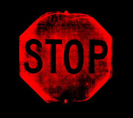 Red stop sign. A worn and damaged stop sign on a black background. - obrazy, fototapety, plakaty