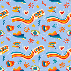 Psychedelic seamless patterns in retro 70s style, groovy hippie backgrounds. Teenage cartoon funky print with abstract bright colors, stars, sun, music cassette, rainbow