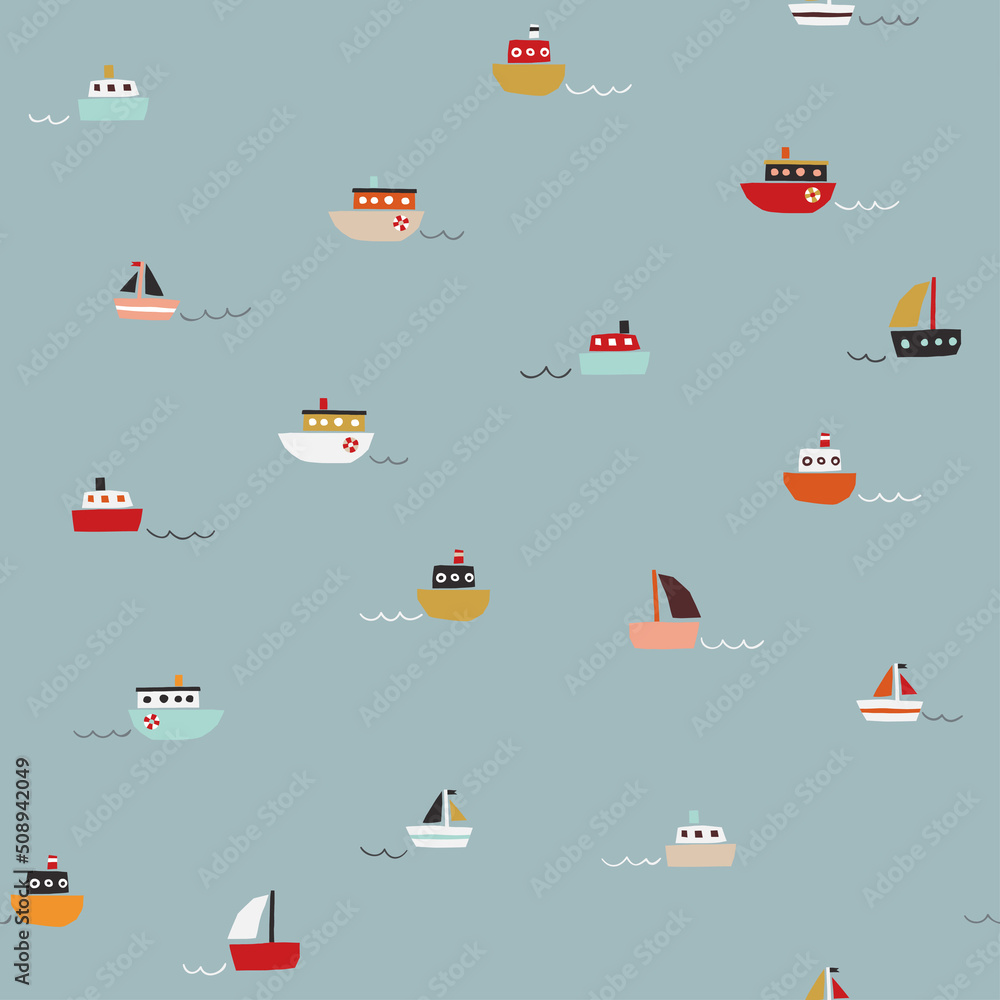 Poster cute seamless pattern with small color ships