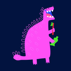 Cute cartoon dinosaur with toothbrush and toothpaste. A picture with sparkles in the form of spots. Cute baby illustration in flat style. Sticker, merch, promotional sticker for brushing your teeth. 