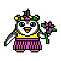 Obraz premium Hawaiian woman penguin wearing a yellow bra, pink skirt, lei (floral wreath) holding hibiscus flower, pixel art bird character on white. Hula dancer mascot. 8 bit video game graphics. Polynesian girl.