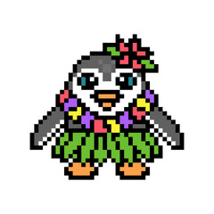 Fototapeta premium Hawaiian woman penguin wearing leaf skirt, lei (floral necklace) and hibiscus flower hairpin, pixel art bird character on white. Hula dancer mascot. Retro 8 bit video game graphics. Polynesian girl.