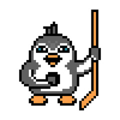 Penguin with a hockey stick and puck, pixel art animal character isolated on white background. Old school retro 80s, 90s 8 bit slot machine, computer, video game graphics. Cartoon winter sport mascot.