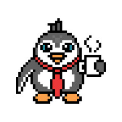Office manager penguin in a red tie drinking hot coffee from a mug on a work break, pixel art animal character on white background. Old school retro 80's-90's 8 bit slot machine, video game graphics.