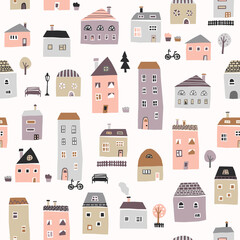 Seamless pattern with cute houses