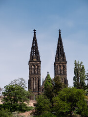 Fototapeta na wymiar Vysehrad Basilica Gothic Church Tower in Prague, Czech Republic
