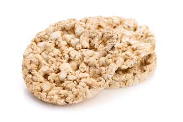 Puffed rice bread isolated on white background. Rice cakes. Round diet crispbreads on a white background. Round shaped cereal bread, healthy food without yeast. 